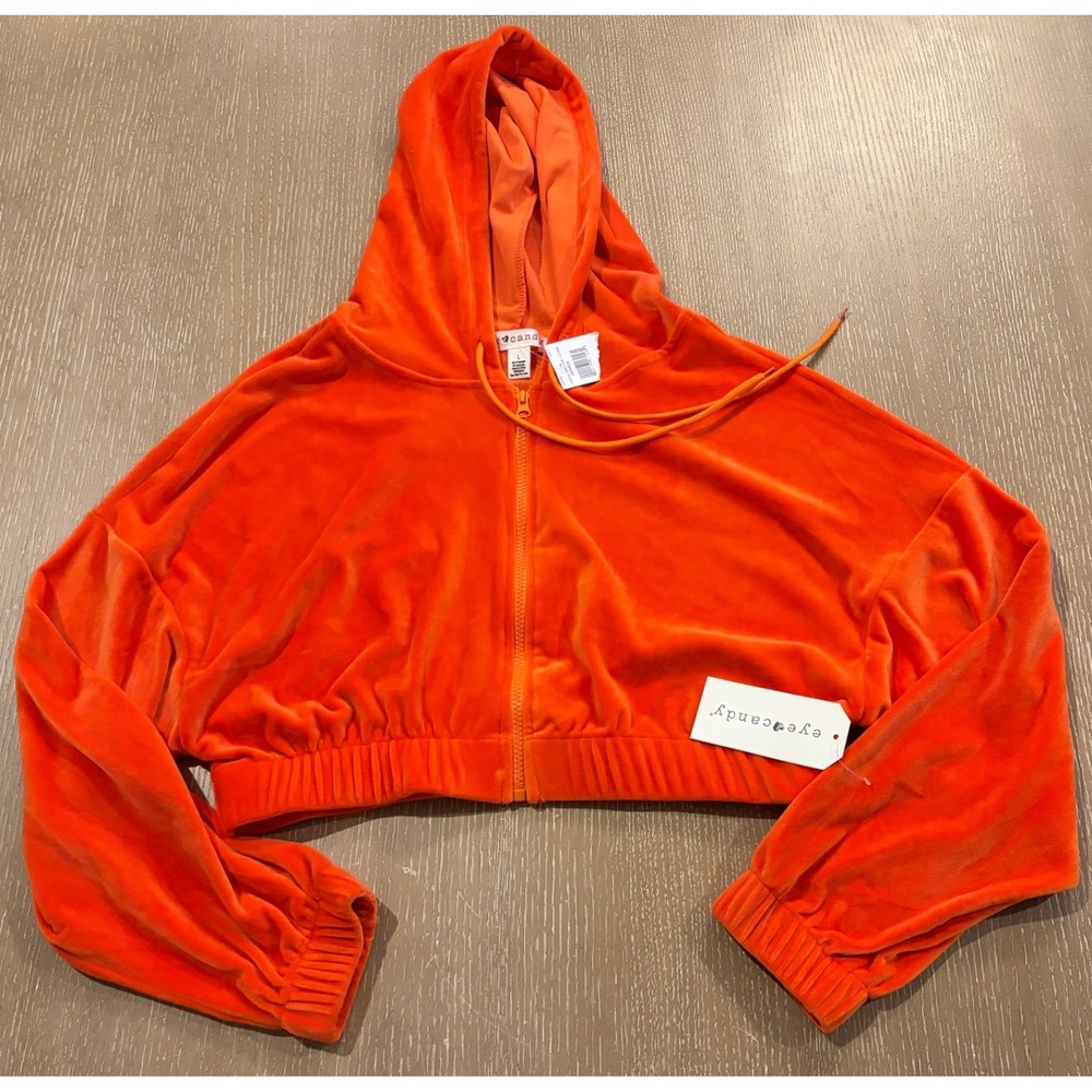 Eye Candy Women's Large Orange Velour Velvet Zip Up Hoodie Jacket NWT